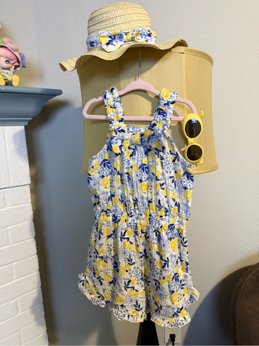 Rachel Zoe Girls 3 Pc Outfit Set 4T Lemon Romper Hat Sunglasses Summer